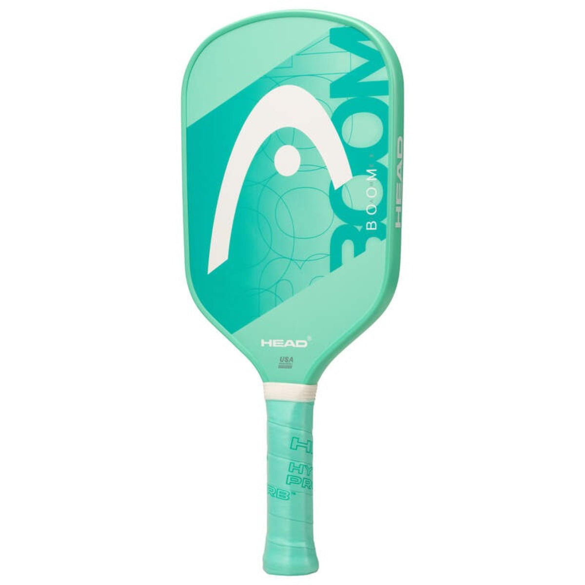 Head Boom pickleball paddle in teal and mint green with large white logo graphic, circular pattern detailing on the face, white collar above the grip, and matching mint handle, shown front view on white background.