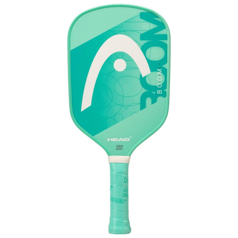 Head Boom pickleball paddle in teal and mint green with large white logo graphic, circular pattern detailing on the face, white collar above the grip, and matching mint handle, shown front view on white background.