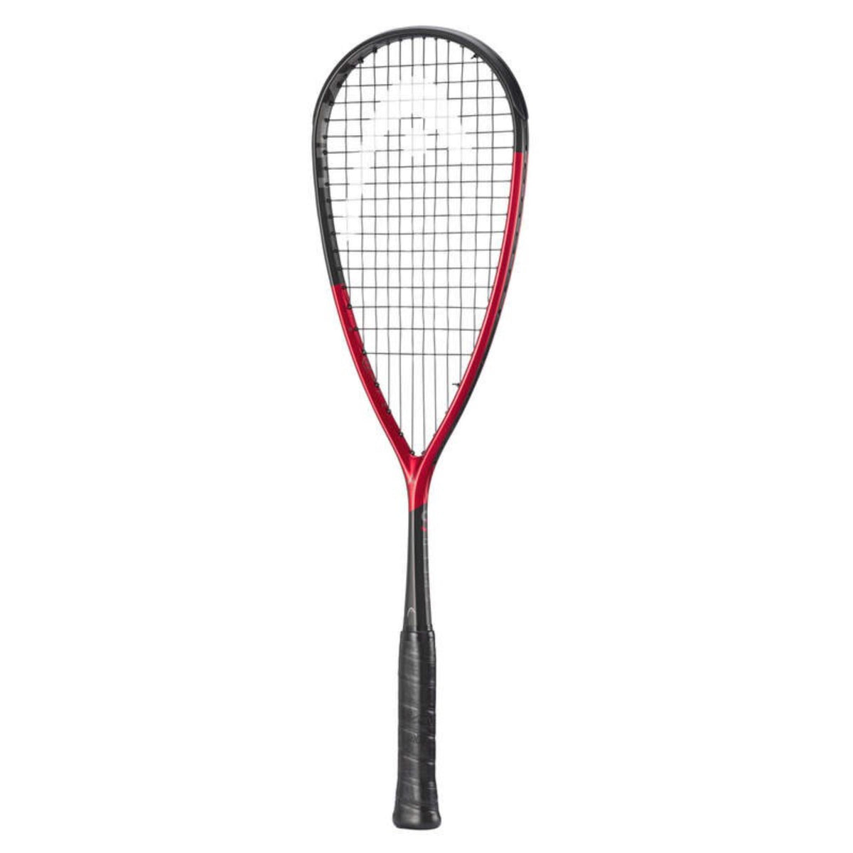 Red and black Head Speed squash racquet with strung head and black grip, full-length front view on white background.