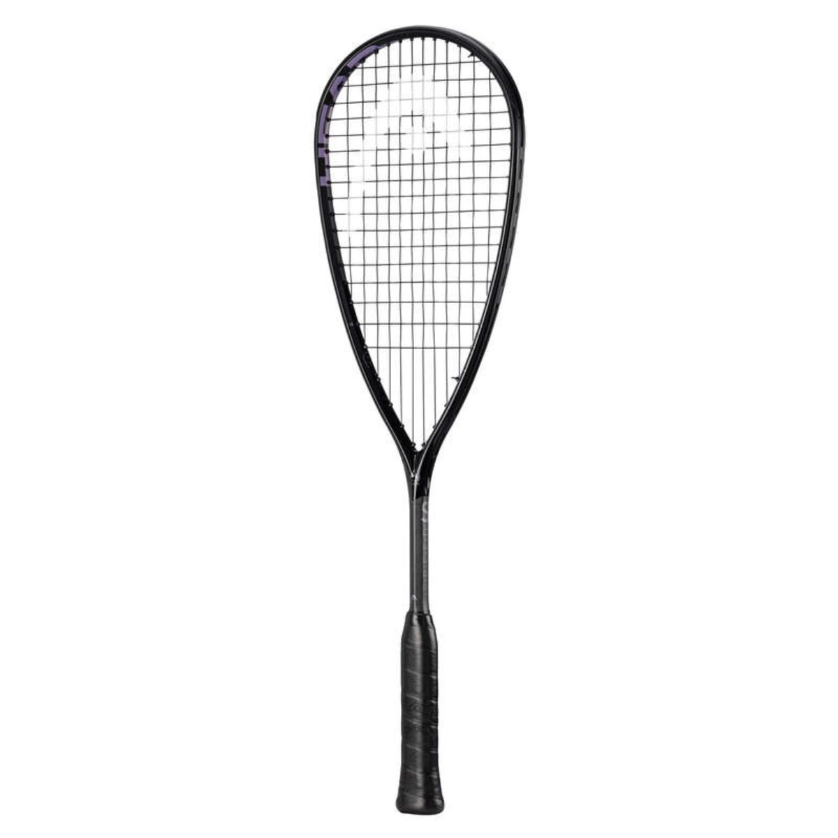 Black squash racket with purple accents and teardrop head shape.