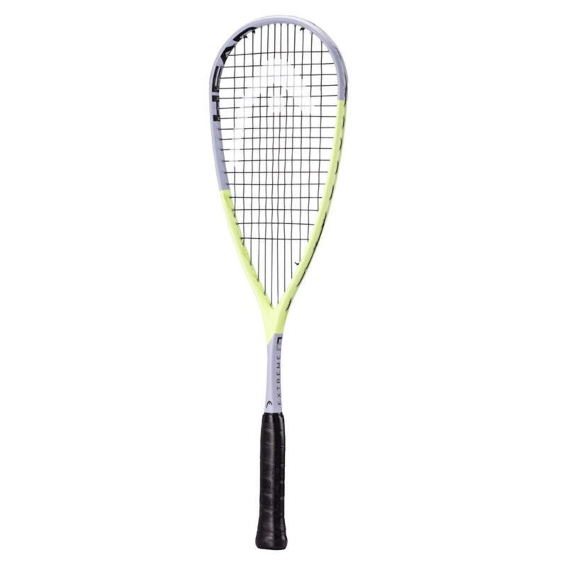 Full view of HEAD squash racquet in pastel purple and neon yellow with black grip on white background.