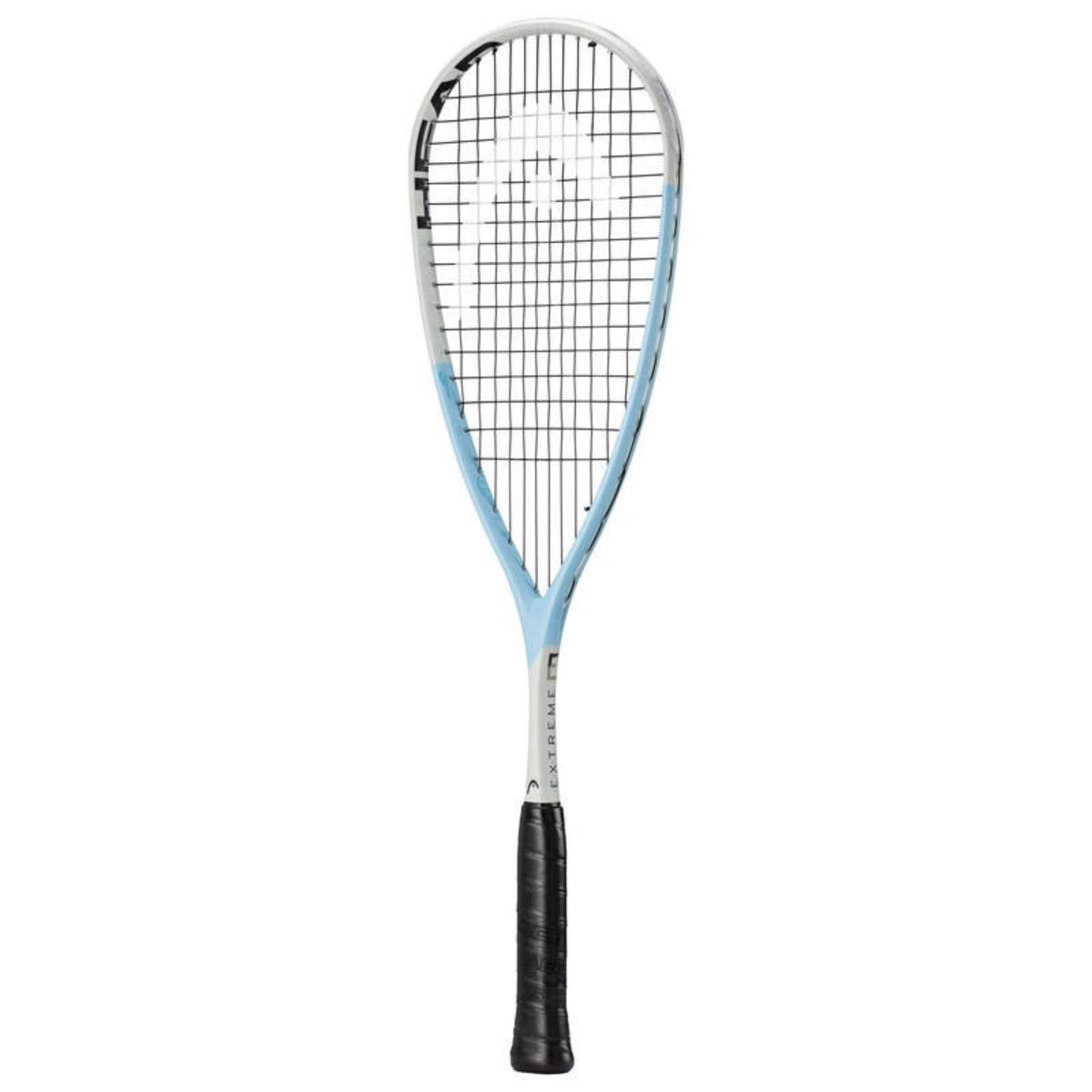 White and light blue squash racket with black grip and teardrop-shaped head, shown front-facing on a white background.