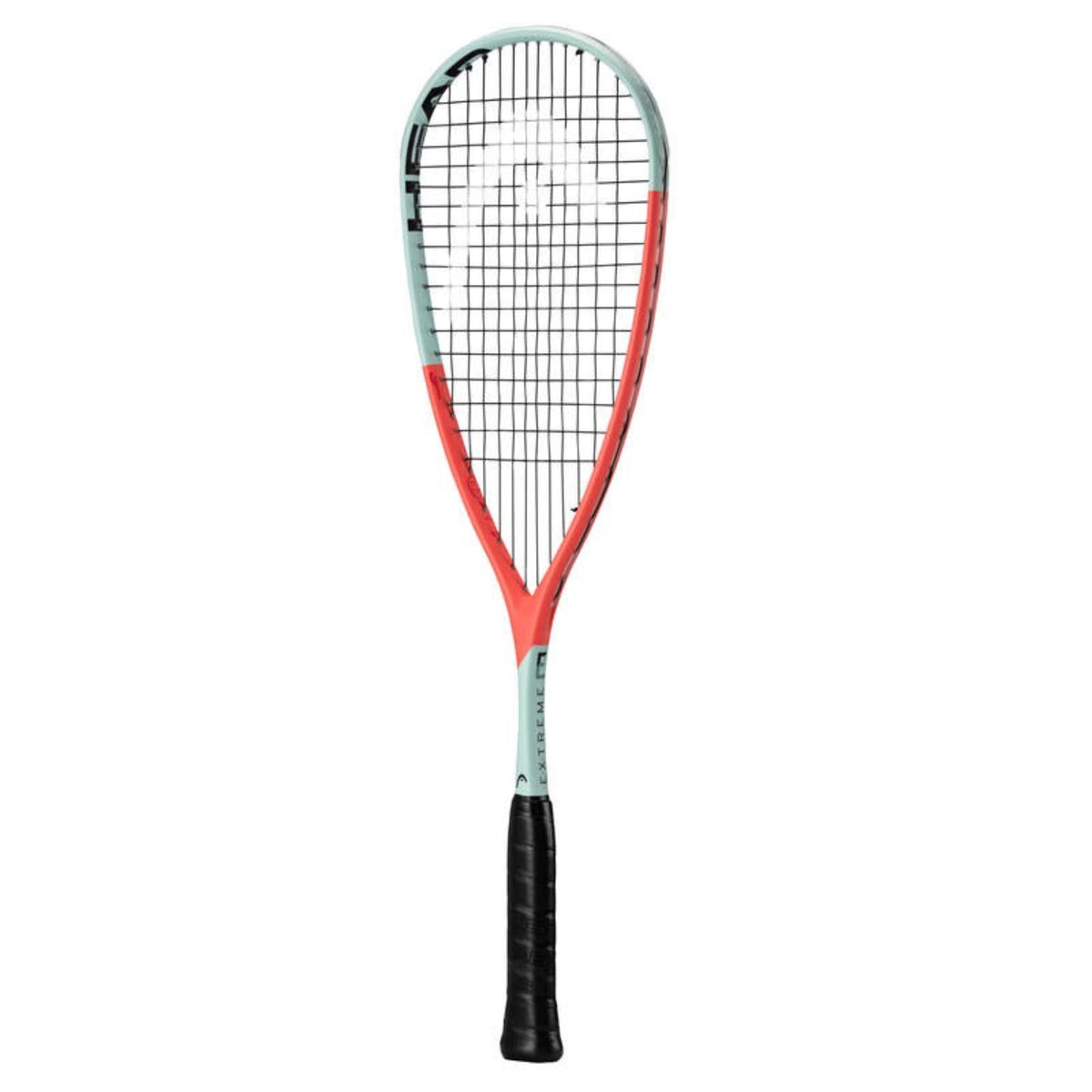 Full view of a squash racket with a mint green and coral red frame, white head, black grip, and black strings on a white background.
