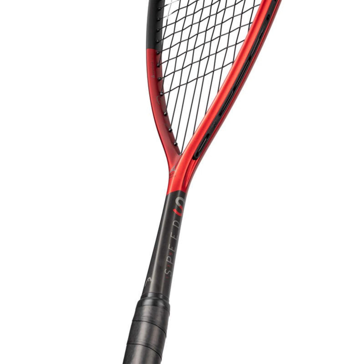 Red and black Head Speed squash racquet with strung head and black grip, full-length front view on white background.