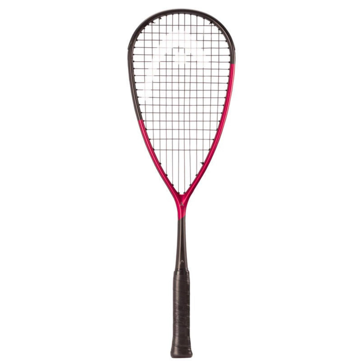 Red and black Head Speed squash racquet with strung head and black grip, full-length front view on white background.