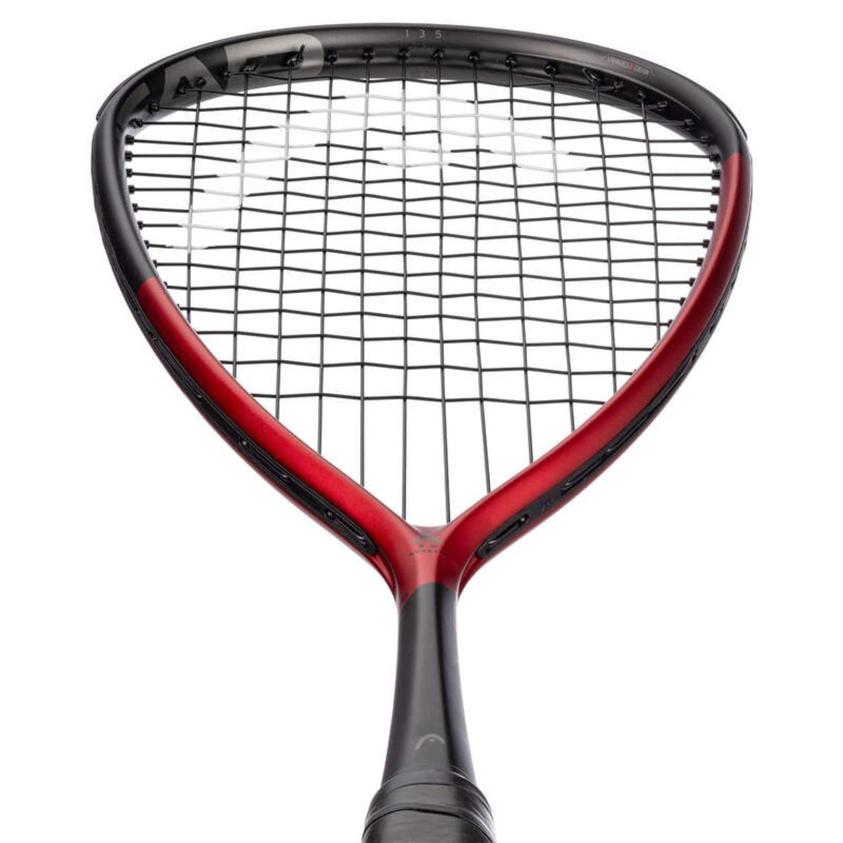 Red and black Head Speed squash racquet with strung head and black grip, full-length front view on white background.