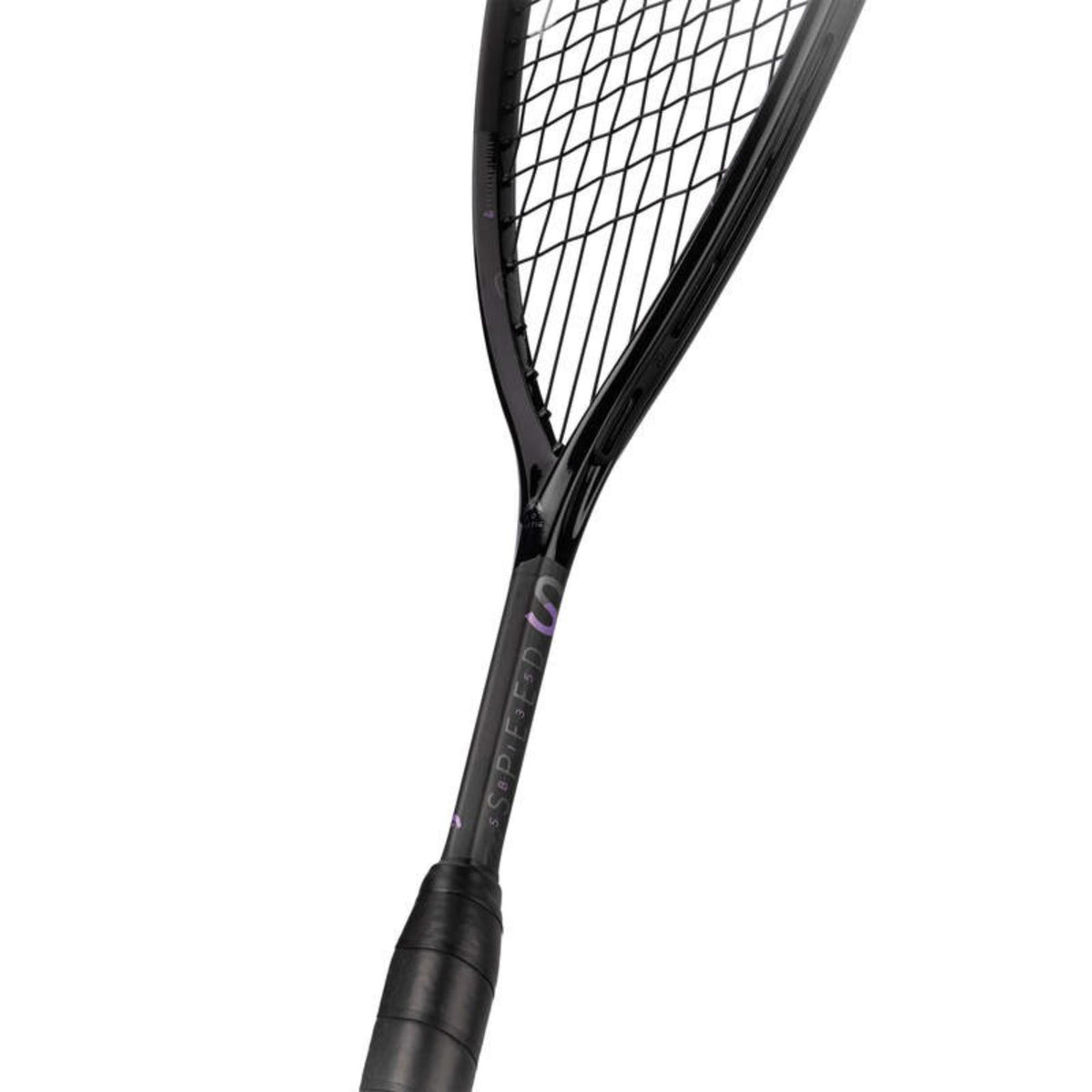 Black squash racket with purple accents and teardrop head shape.