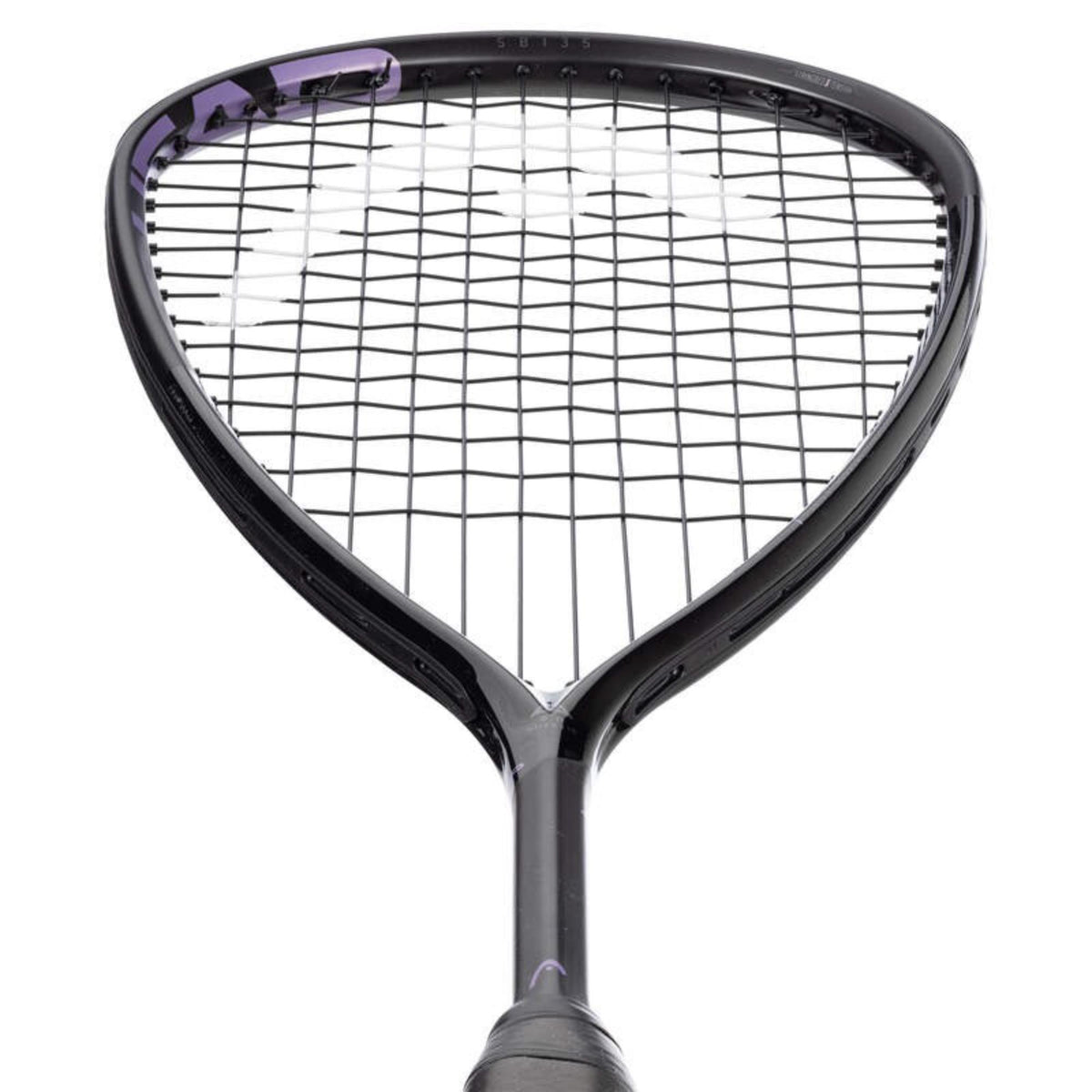 Black squash racket with purple accents and teardrop head shape.