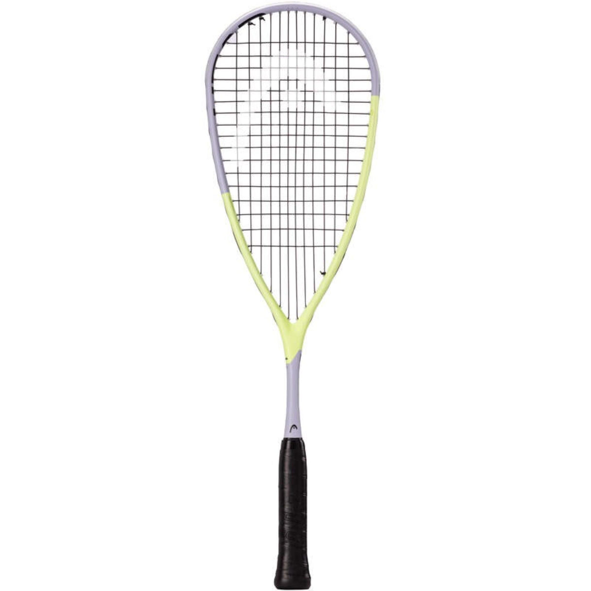 Full view of HEAD squash racquet in pastel purple and neon yellow with black grip on white background.