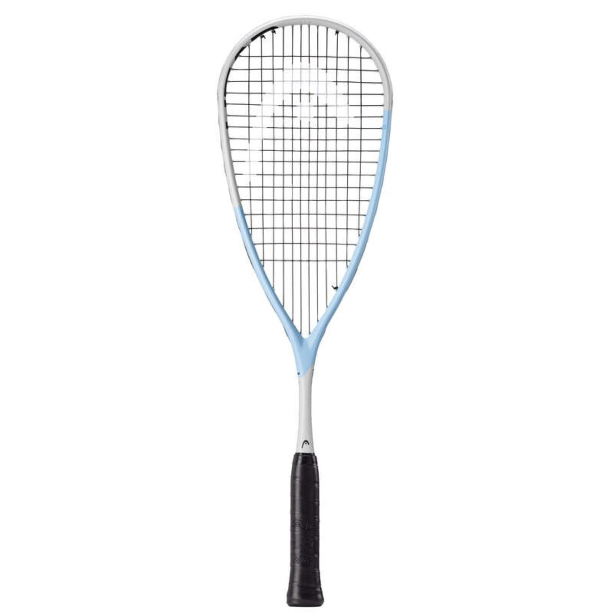 White and light blue squash racket with black grip and teardrop-shaped head, shown front-facing on a white background.