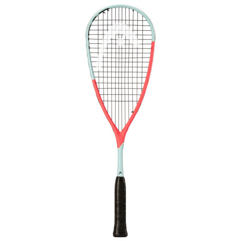 Full view of a squash racket with a mint green and coral red frame, white head, black grip, and black strings on a white background.