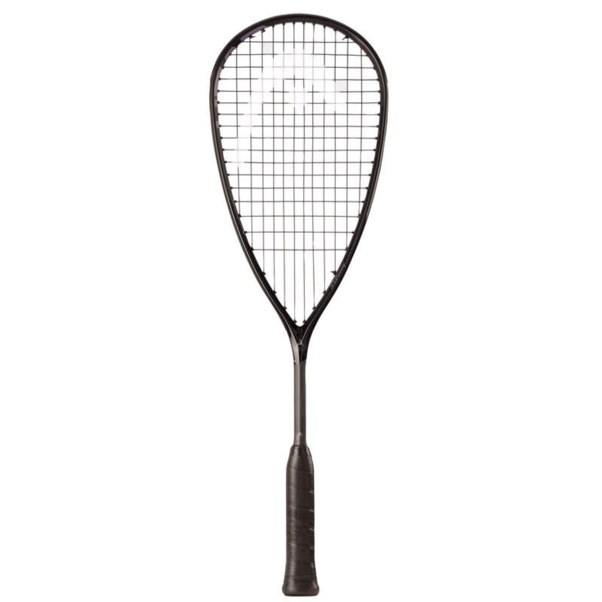 Black squash racket with purple accents and teardrop head shape.