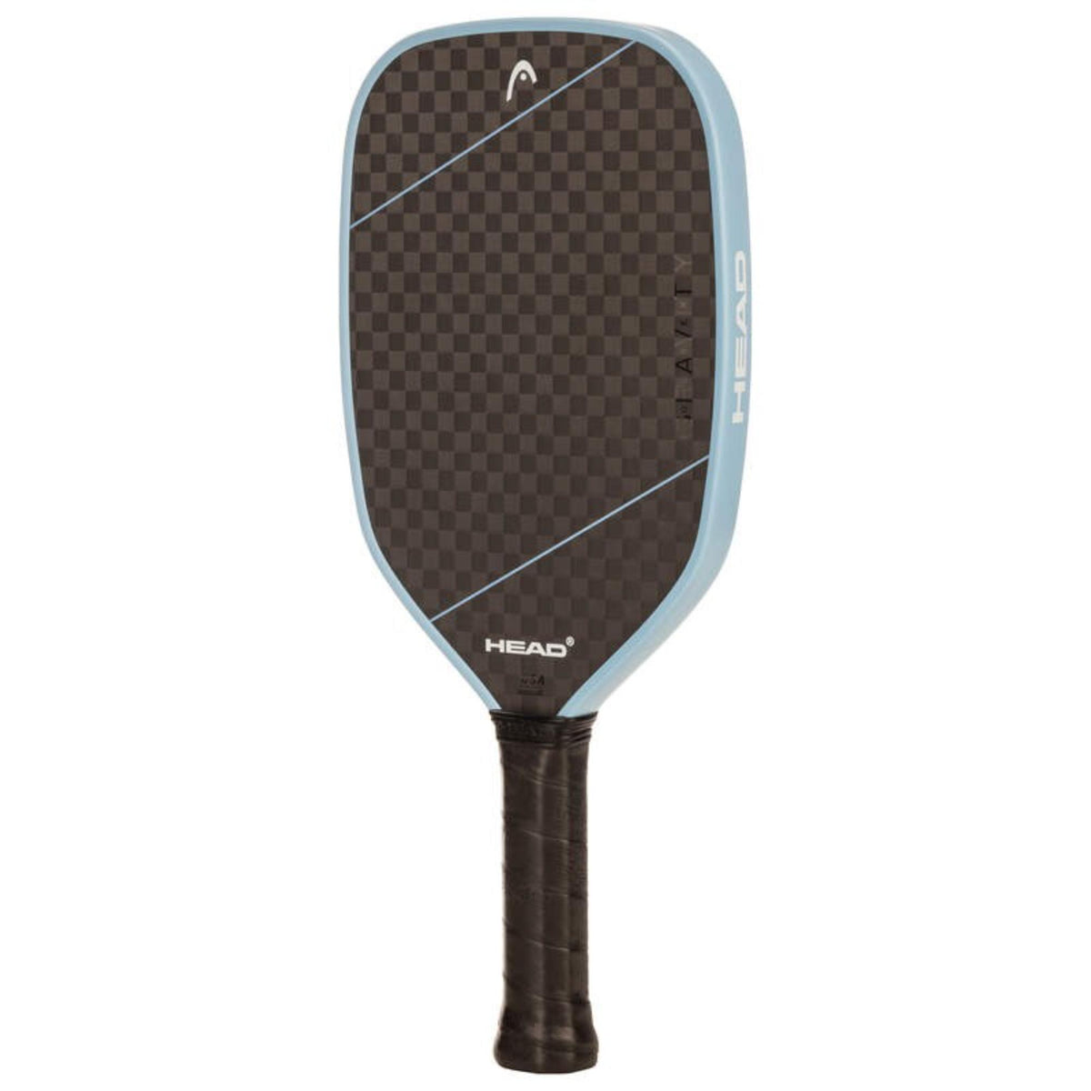 Head Haven beach tennis paddle with checkered carbon fiber face, light blue frame accents, and black grip, shown front view on white background.