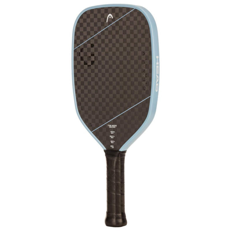 Head Haven beach tennis paddle with checkered carbon fiber face, light blue frame accents, and black grip, shown front view on white background.