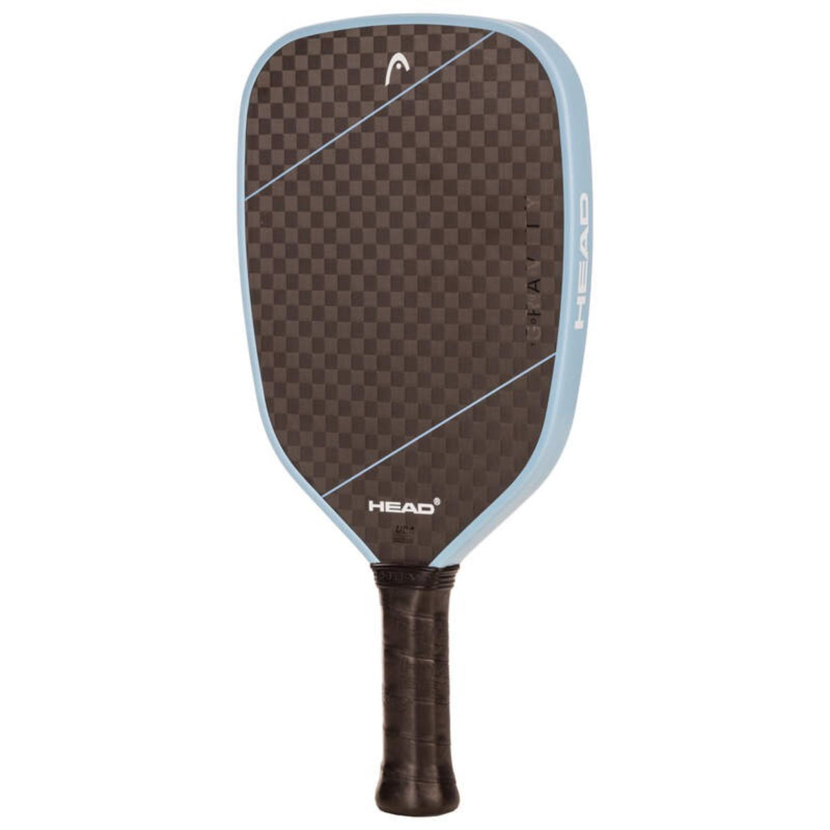 Head Haven beach tennis paddle with carbon fiber checkered face, light blue frame, and black grip, shown front view on white background.