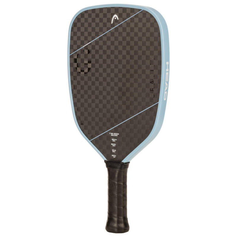 Head Haven beach tennis paddle with carbon fiber checkered face, light blue frame, and black grip, shown front view on white background.