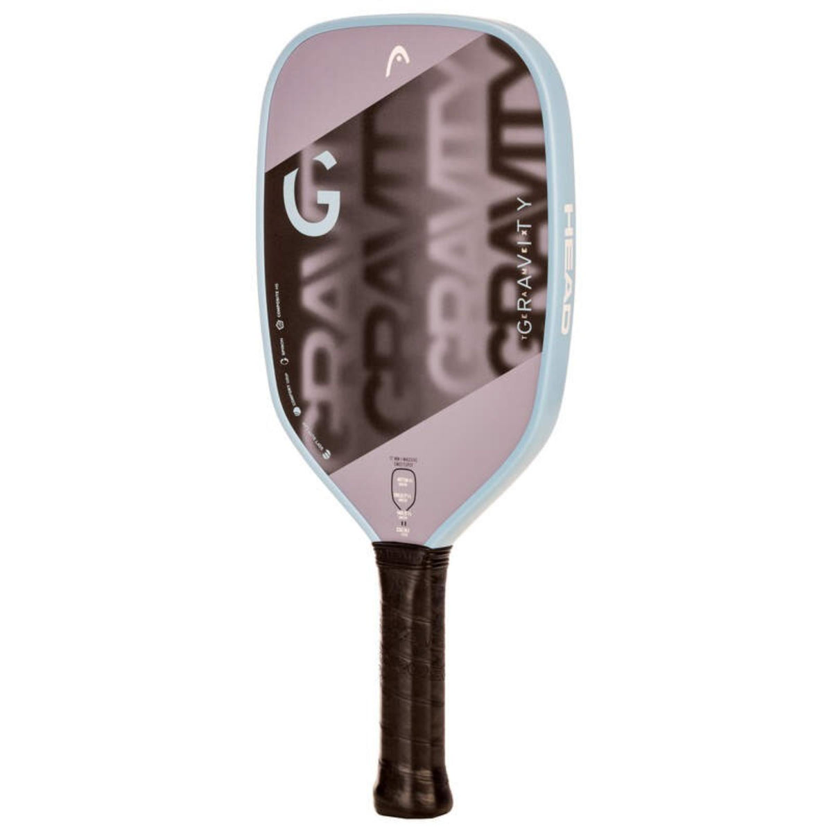 Head Gravity beach tennis paddle with glossy mauve and black face design, light blue frame, and black grip, shown front view on white background.
