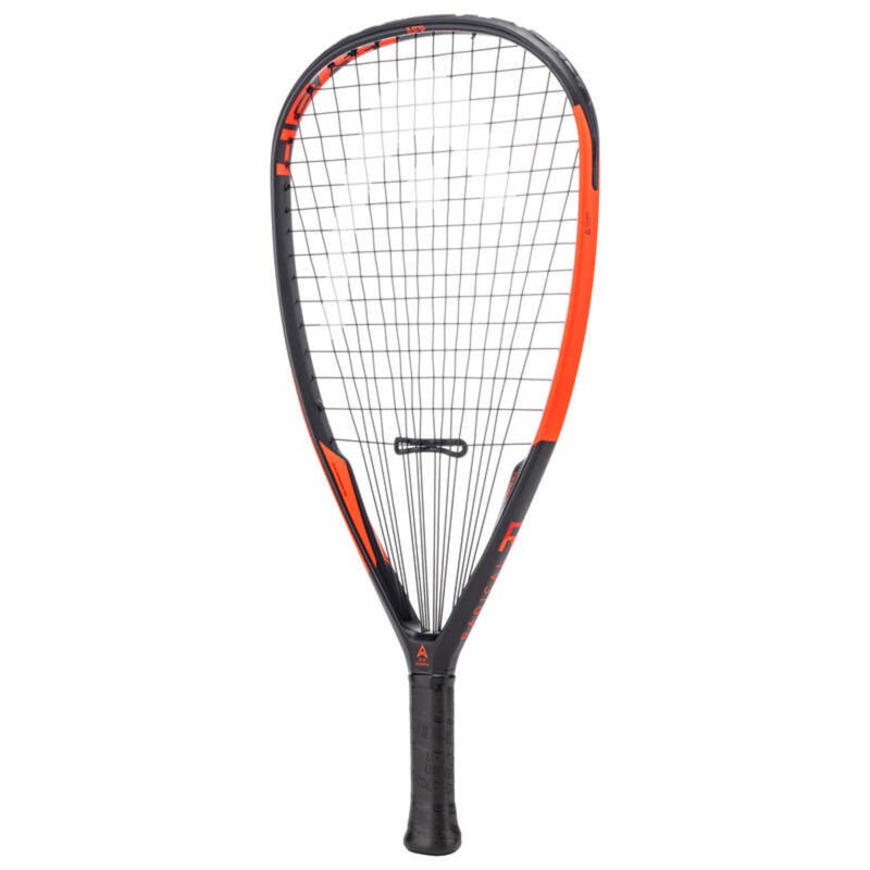 Black and red squash racket with full string pattern and black grip, front view on a white background.