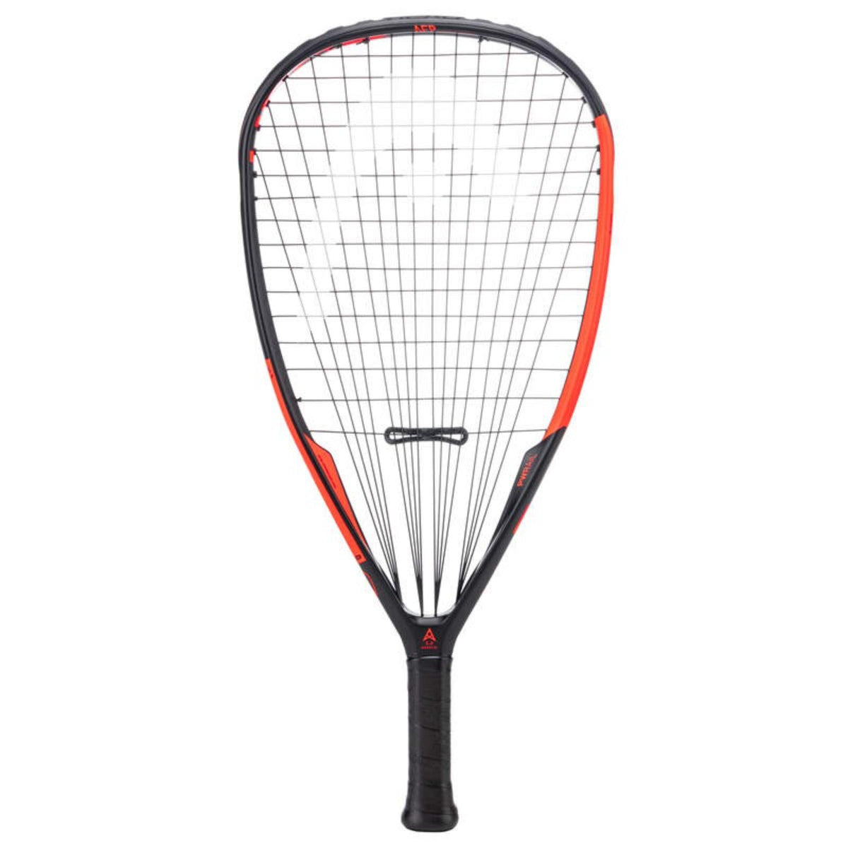 Black and red squash racket with full string pattern and black grip, front view on a white background.
