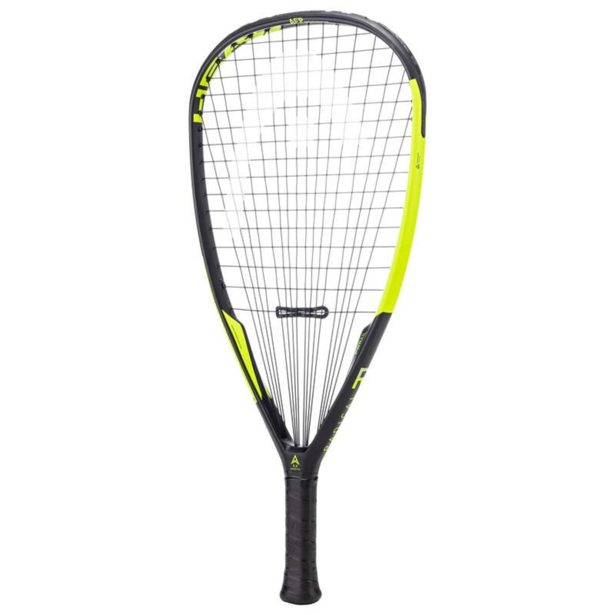 Black and neon yellow squash racket with black grip, front view on white background.