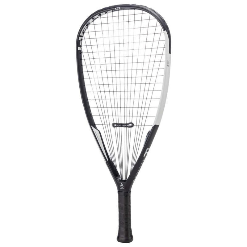 Black and white squash racket with teardrop head shape and black grip, front view on white background.
