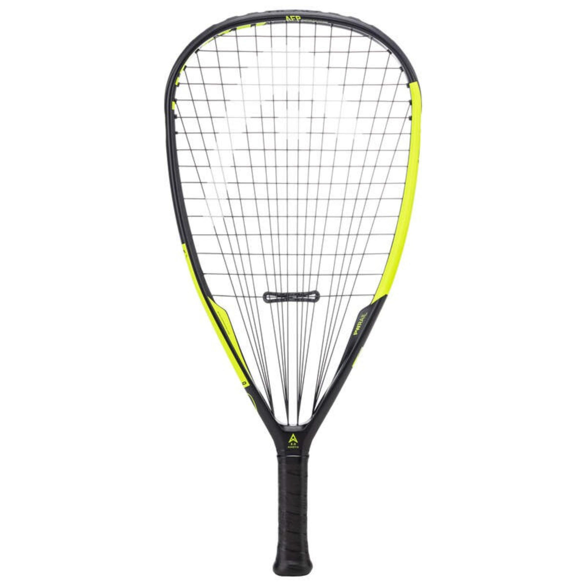 Black and neon yellow squash racket with black grip, front view on white background.
