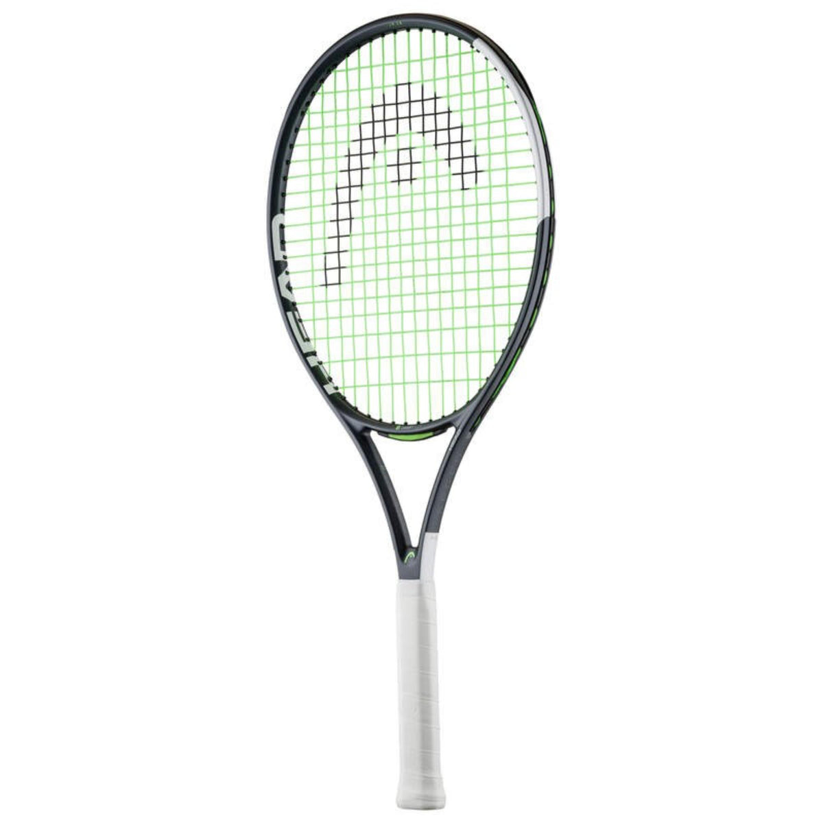 Front view of Head tennis racket with black frame, white grip, and green strings featuring the Head logo pattern, shown against a white background.