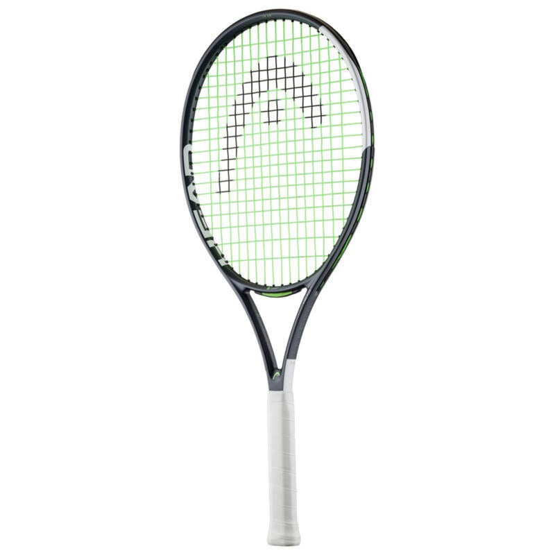 Front view of Head tennis racket with black frame, white grip, and green strings featuring the Head logo pattern, shown against a white background.