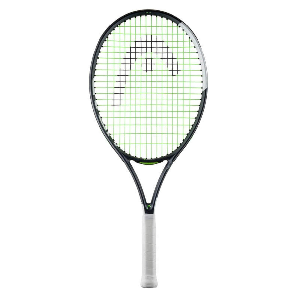 Front view of Head tennis racket with black frame, white grip, and green strings featuring the Head logo pattern, shown against a white background.
