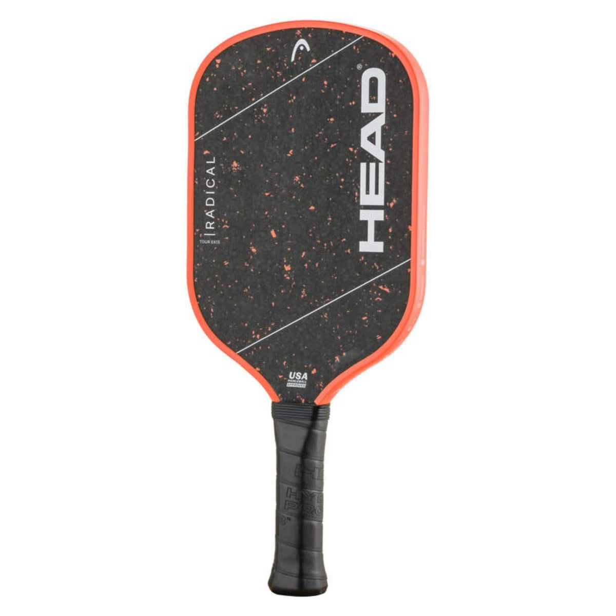 Front view of Head Radical Tour EX pickleball paddle with black speckled face, orange edge guard, bold white HEAD logo, and black cushioned grip.