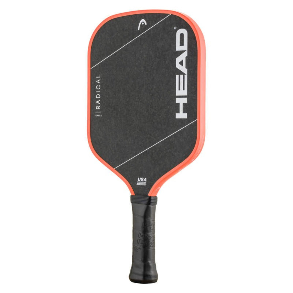Front view of Head Radical Team pickleball paddle with solid black face, bright orange edge guard, white HEAD logo, and black comfort grip handle.