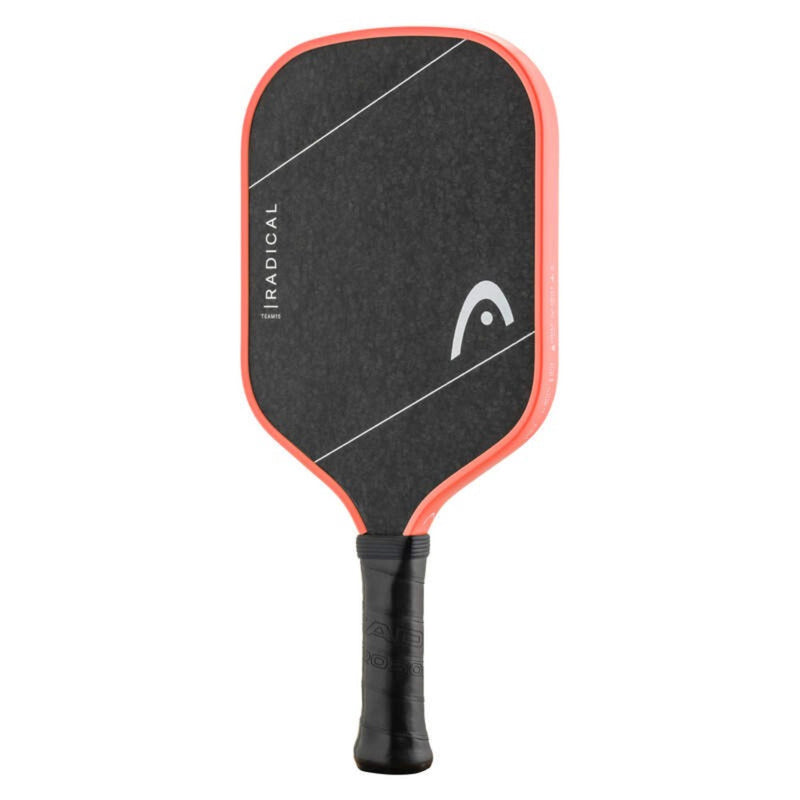 Front view of Head Radical Team pickleball paddle with solid black face, bright orange edge guard, white HEAD logo, and black comfort grip handle.