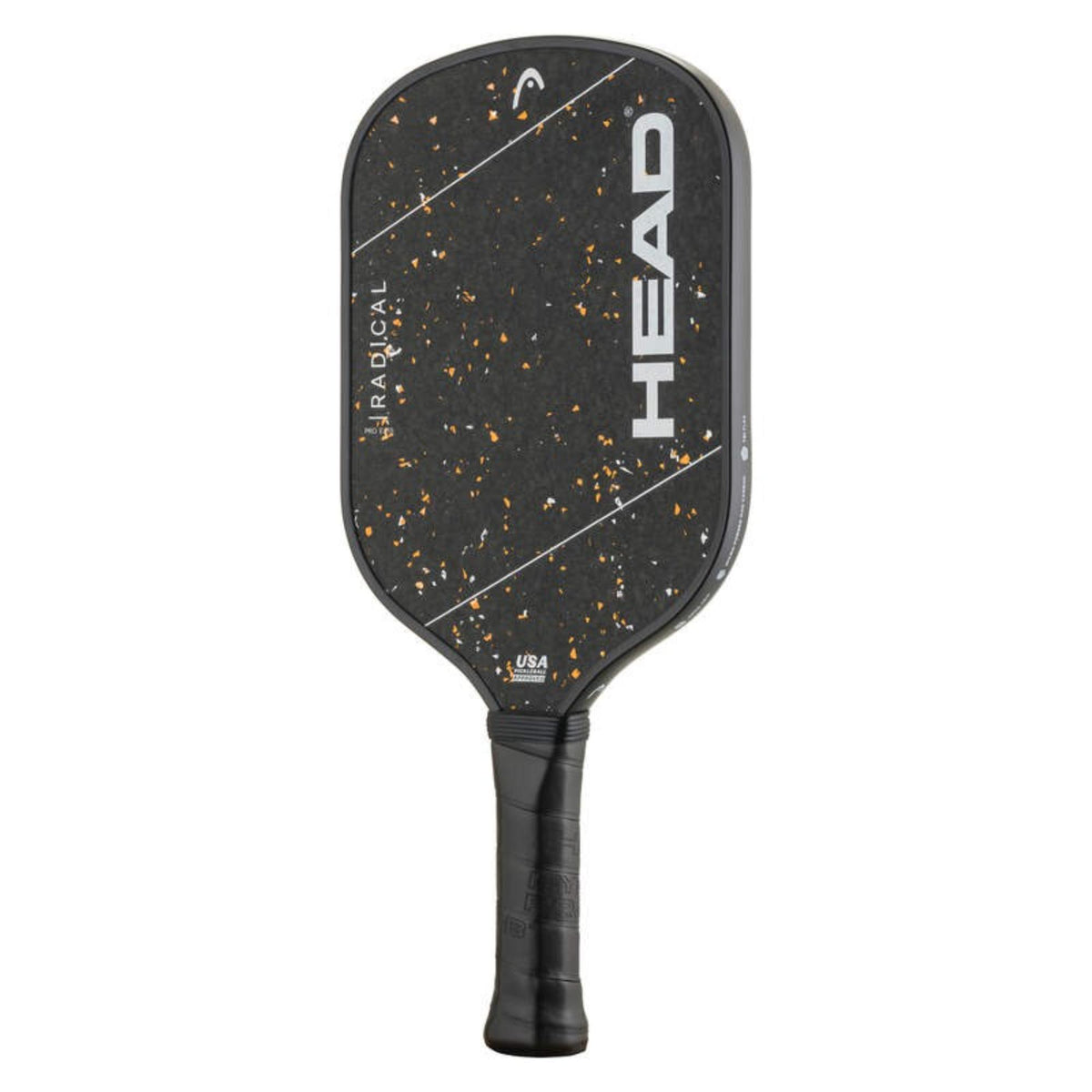 Front view of Head Radical pickleball paddle in black with gold speckled textured surface and black grip.