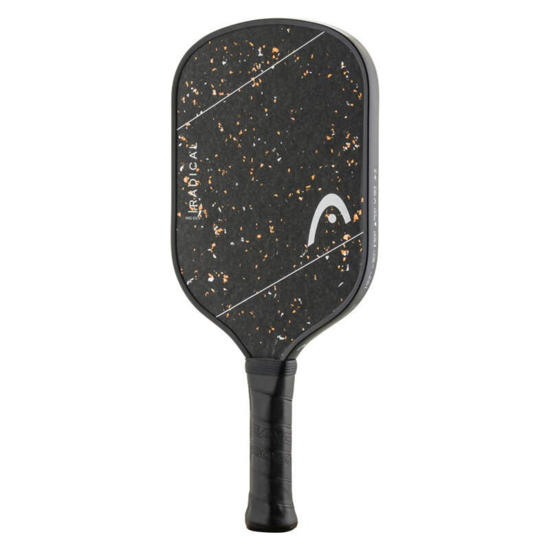 Front view of Head Radical pickleball paddle in black with gold speckled textured surface and black grip.