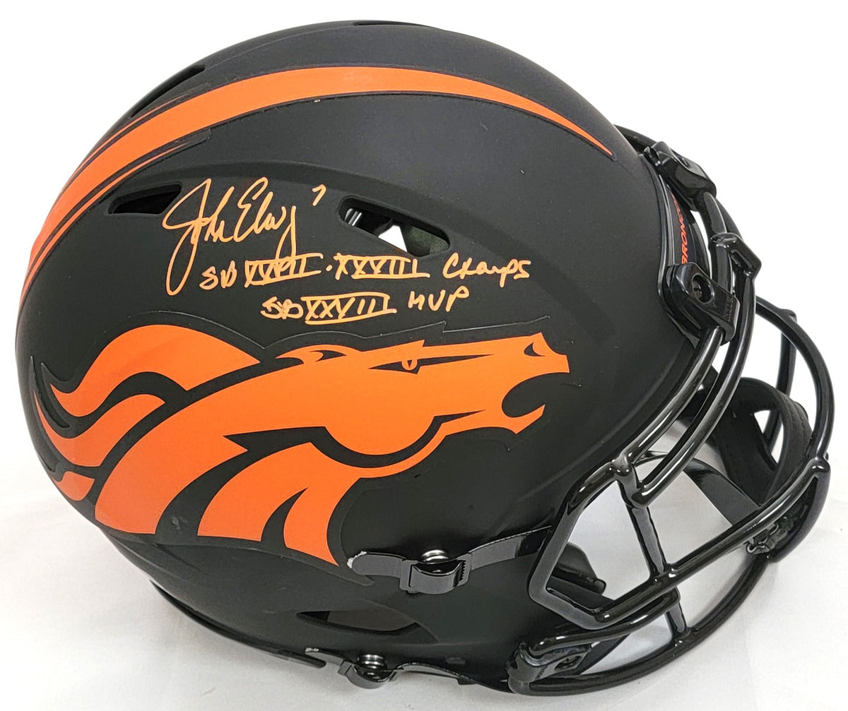 John Elway Autographed Denver Broncos Riddell Eclipse Authentic Helmet W/ SB Inscriptions Beckett Witnessed