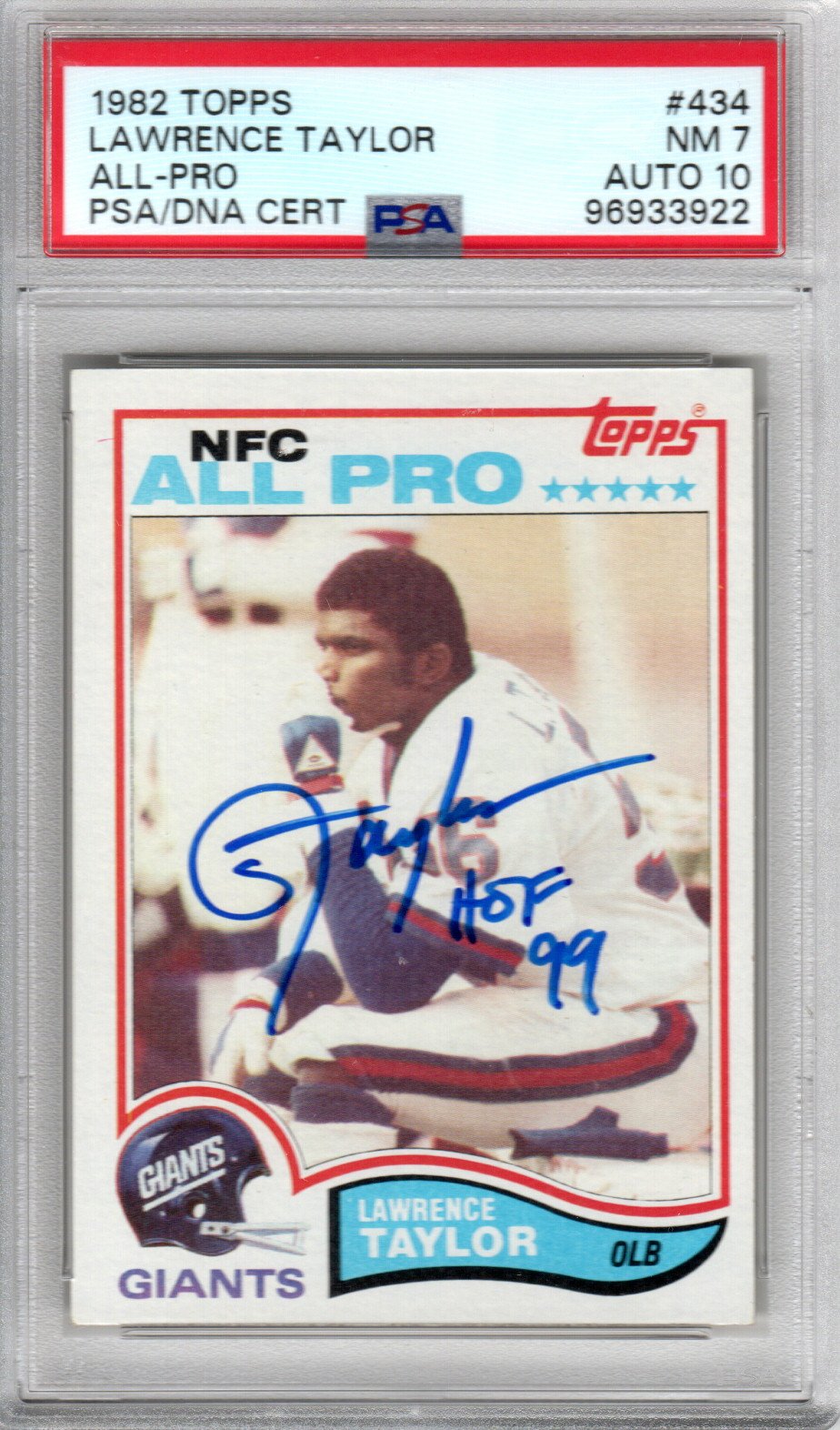 Lawrence Taylor Autographed New York Giants 1982 Topps #434 Rookie Card PSA NM 7 AUTO 10