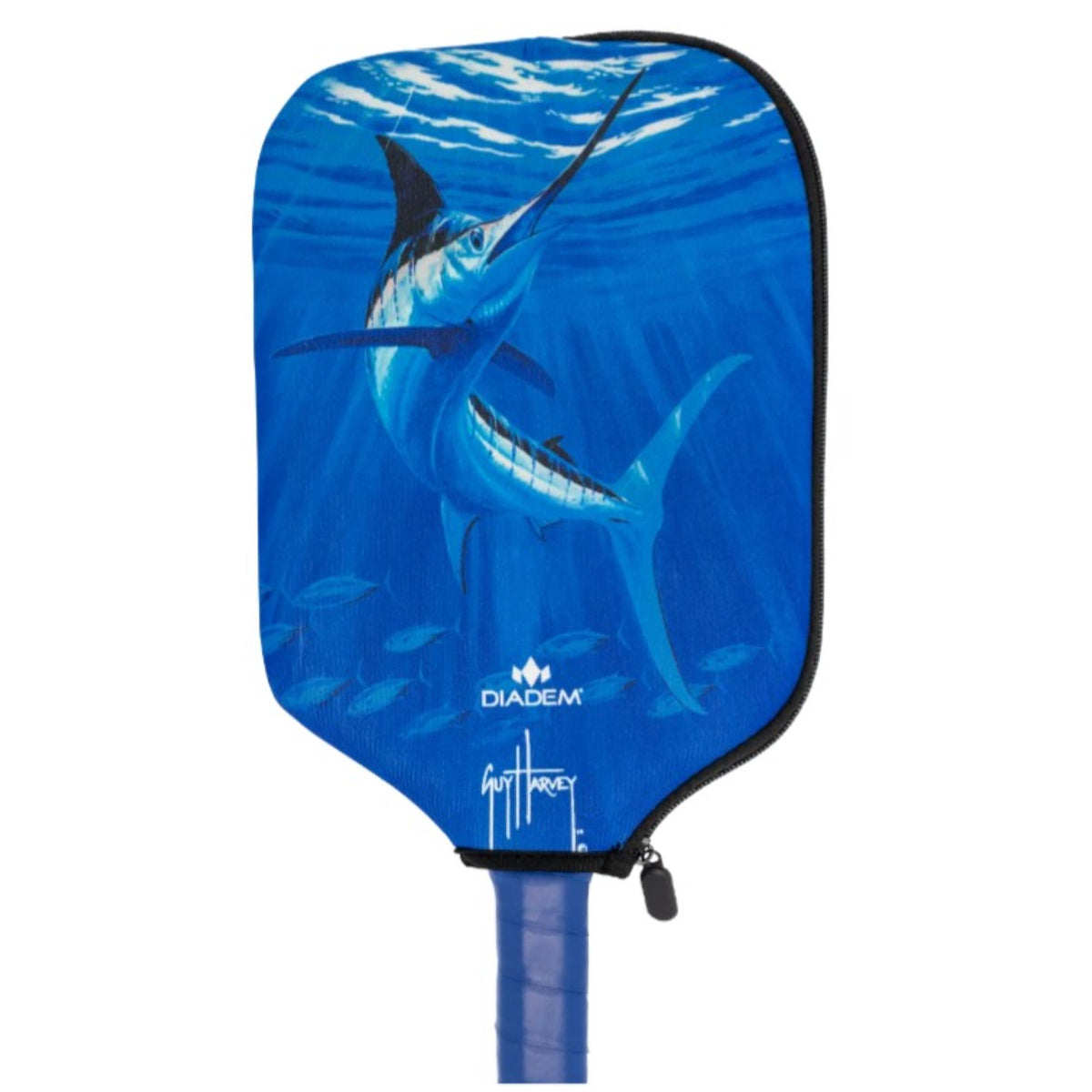 Diadem paddle cover with a zippered design and large front logo, shown fitted over a paddle with handle visible.