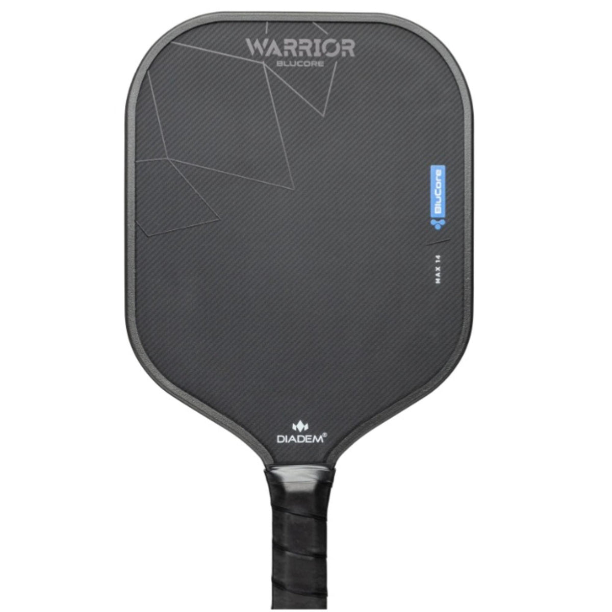 Pickleball paddle with a textured face surface, geometric design accents, and a cushioned grip handle.