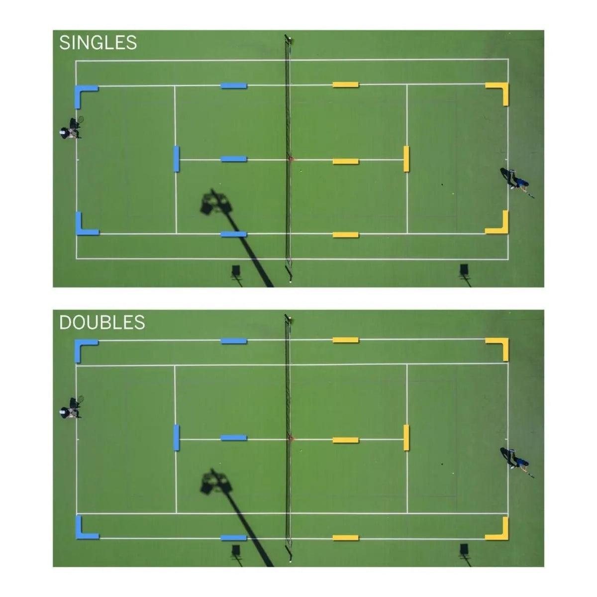 Set of flat court marker lines including L-shaped corners and straight strips used to create temporary boundaries for training or mini court setups.