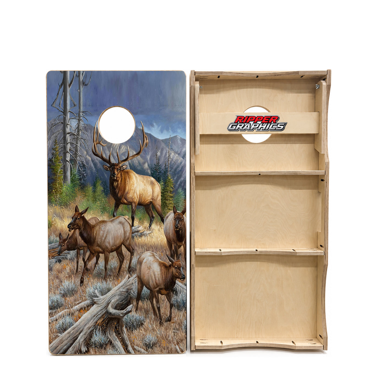 Mountain Ridge Bull Elk Cornhole Design product photo