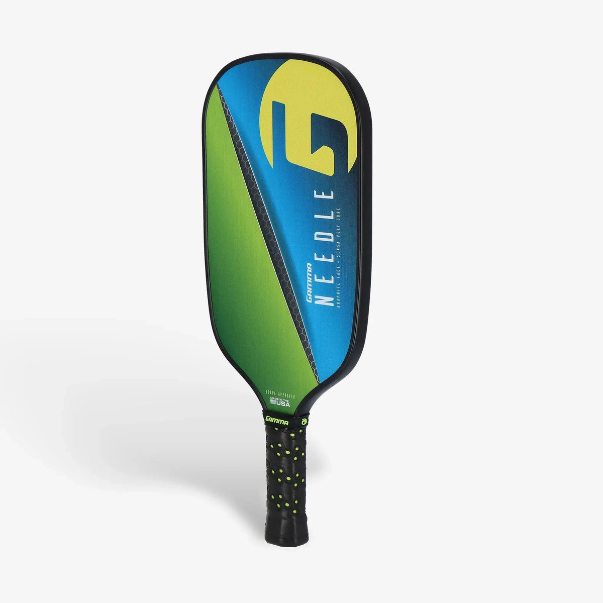 Pickleball paddle with a textured face, elongated shape, and cushioned grip handle designed for control and performance.