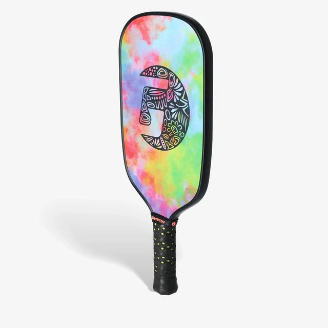 Pickleball paddle with a textured face, elongated shape, and cushioned grip handle designed for control and performance.