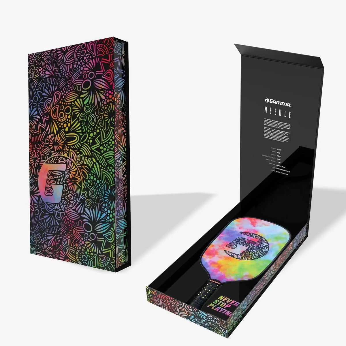 Pickleball paddle with a textured face, elongated shape, and cushioned grip handle designed for control and performance.