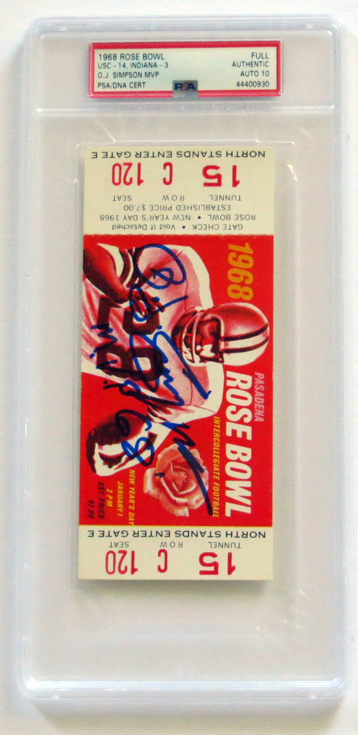 O.J. Simpson Autographed USC 1968 Rose Bowl Encapsulated Ticket W/ MVP PSA/DNA Graded AUTO 10