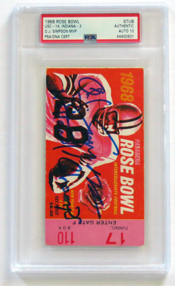 O.J. Simpson Autographed USC 1968 Rose Bowl Encapsulated Ticket Stub W/ National Champs PSA/DNA Graded AUTO 10