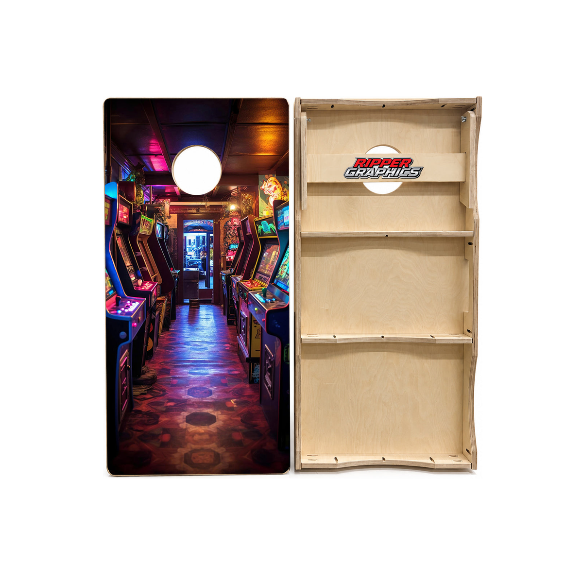 Old School Arcade Room Cornhole Design product photo
