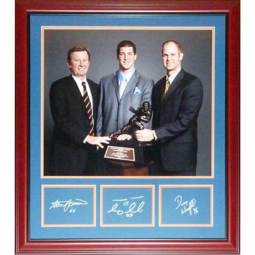 Steve Spurrier, Danny Wuerffel And Tim Tebow Autographed Florida Gators Heisman Deluxe Framed 16x20 Photo with Blue Cut Signatures