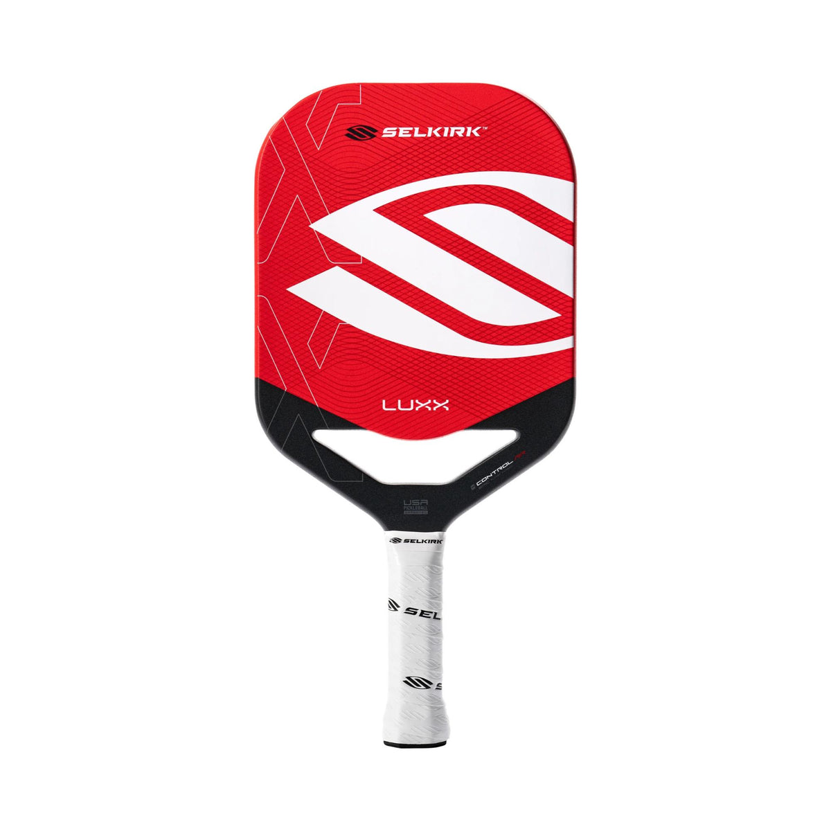 Selkirk LUXX Control Air pickleball paddle with a textured face, elongated shape, and cushioned grip handle designed for control and precision.