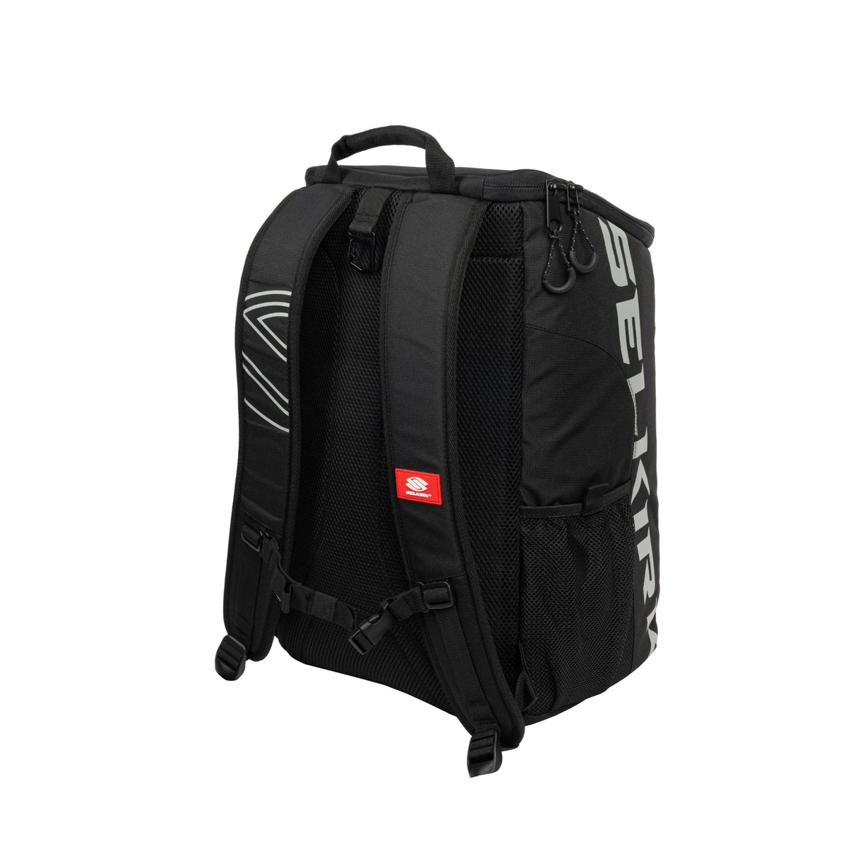 Selkirk Sport Core Line Team pickleball backpack with structured design, multiple zippered compartments, padded shoulder straps, and side mesh pocket for equipment storage.