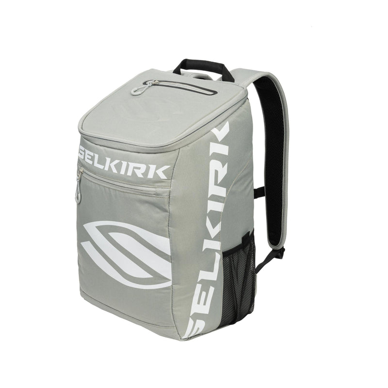 Selkirk Sport Core Line Team pickleball backpack with structured design, multiple zippered compartments, padded shoulder straps, and side mesh pocket for equipment storage.